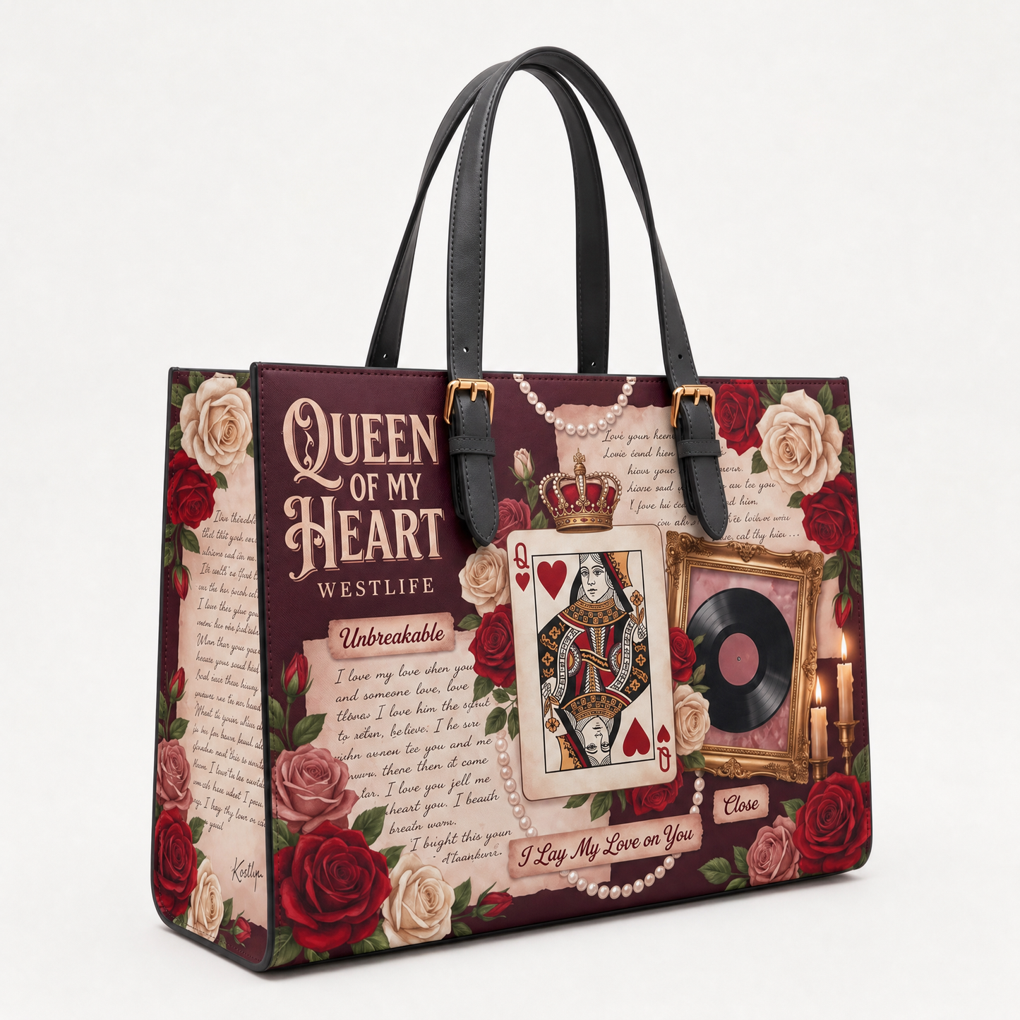 Mary's Westlife Memory Bag — Queen of My Heart design, handle and print detail